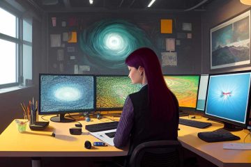 An artist content creator sitting at her desk pondering over her computer monitors