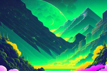 A surrealist landscape in mostly green colours.