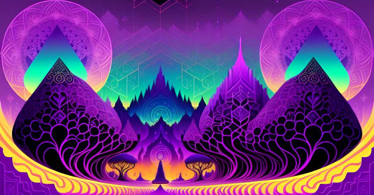 A surrealist landscape in mostly purple colours.