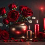 A still life of red roses and candles. The power and passion of favourite colour red.