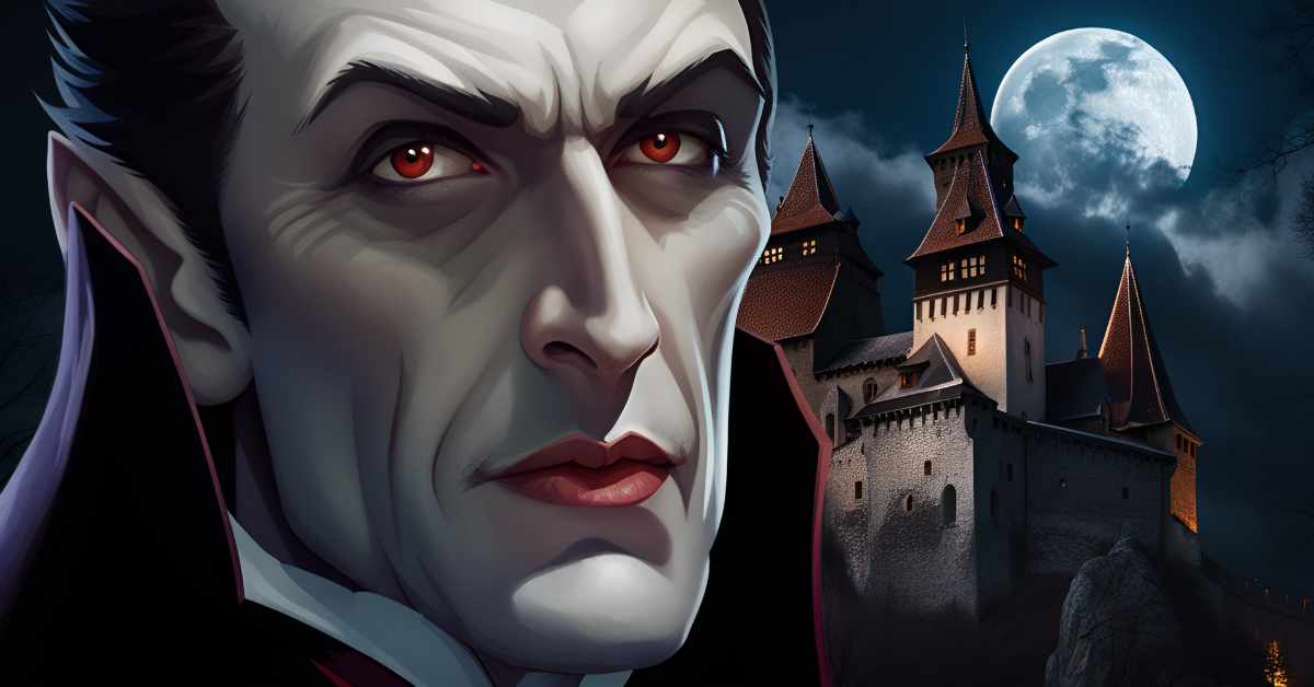 Dracula dressed in black standing outside his castle wishing everyone a happy Halloween