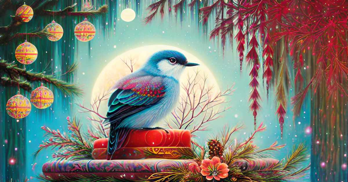 A bird sitting on a pile of fancy cushions decorated by small branches and floral arrangements in the background there is a moon and night sky. The scene is framed by tree branches, red and green vine like foliage and Christmas ornaments. The image is in the style of a holiday greeting card.