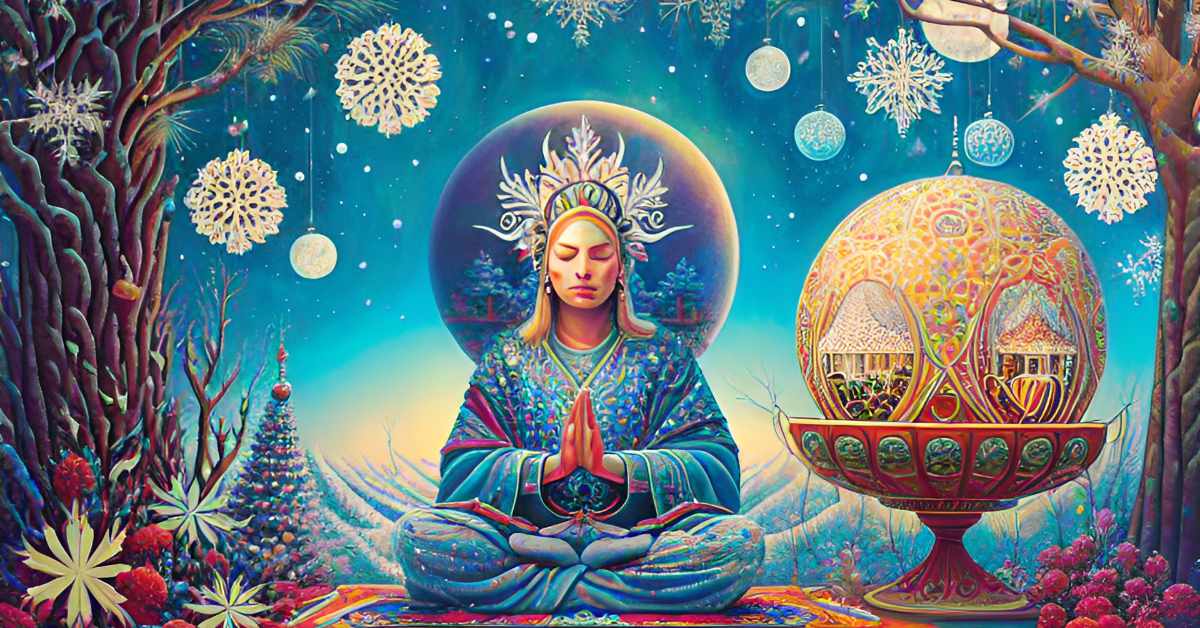 A woman meditating surrounded by winter, Christmas and other holiday decorations in the style of a holiday greeting card.