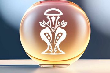 A vector graphic image of a fancy art deco style perfume bottle displayed on a frosted glass bottle sitting on a table with a blank wall in the background.