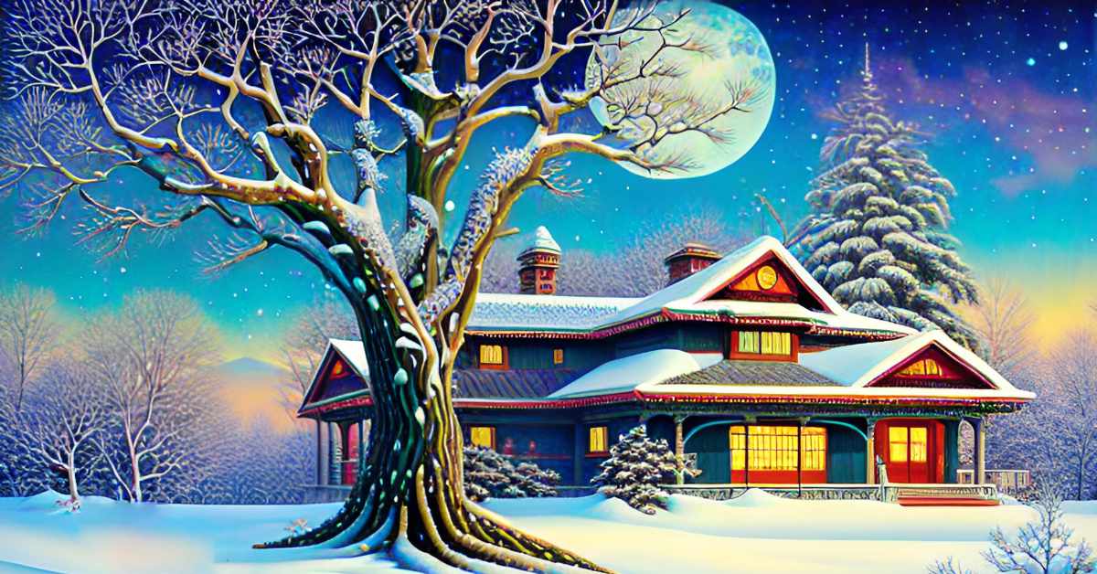 A winter scene with a large cabin on the right and a tree with bare branches covered in snow to the left. It’s a bright scene yet there is a moon in the sky and snow on the ground. It’s in the style of a holiday greeting card.
