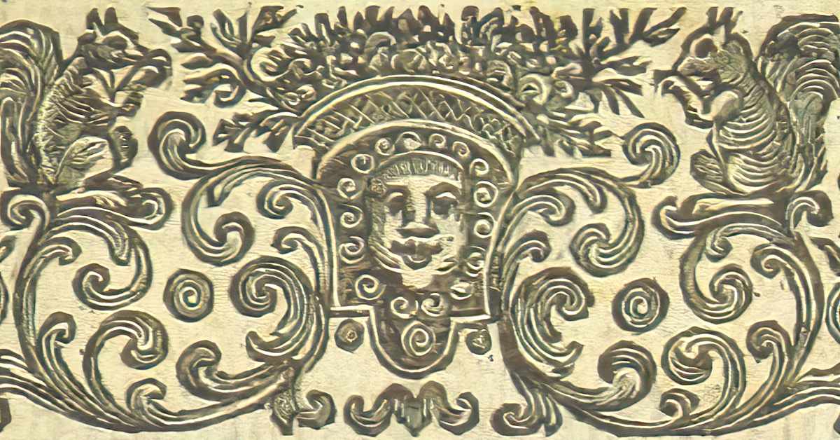 A portrait of a woman framed on either side by stylized leaves that curve into spiral. on the ends. In each of the corners there’s is a squirrel sitting on a curved leaf.
