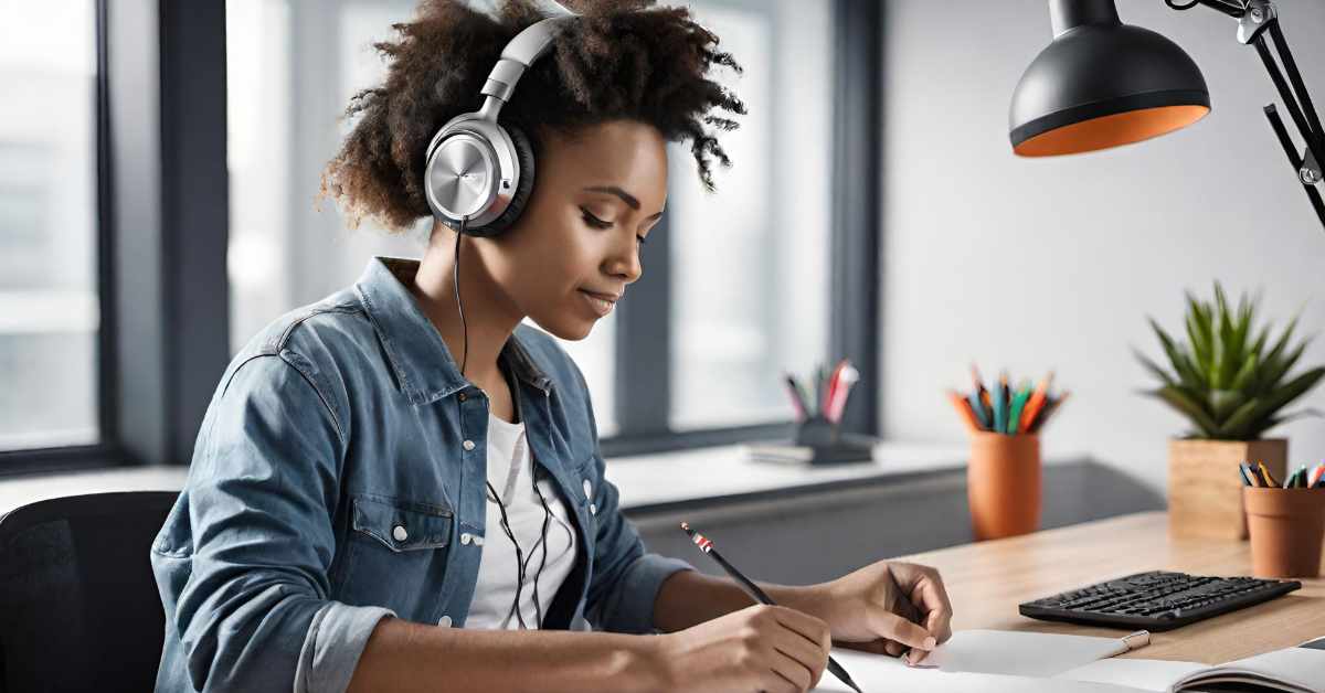 The image depicts a young woman engaged in study or work at a desk. She wears a denim shirt and listens to audio through large, over-ear headphones. The woman is drawing with a pencil on a sheet of paper, indicating concentration on her task. Her workspace is tidy and well-organized, illuminated by a desk lamp with an orange interior, suggesting a comfortable and focused environment. In the background, there's a window, alongside which are potted plants and containers holding additional writing utensils, enhancing the sense of a personal and productive space.