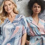 This image features two women in front of a marbled gray background. The woman on the left has long, wavy blonde hair and is smiling gently at the camera. She wears a light, flowy top with a marbled pattern in shades of blue, pink, and white. The sleeves are short and draped. The woman on the right has dark, curly hair styled up, and a more serious expression. She is wearing a similar patterned top, but with a structured collar and a belt cinching at the waist. The colors of her top are in a softer palette compared to the other woman's. Both garments have a silky texture and the overall impression is one of a fashion photoshoot.