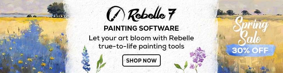 Advertising for Rebelle realistic painting software.