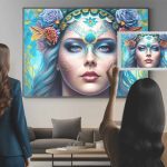 Two women are standing in a modern living room, one with long brown hair and a blue blazer facing a vibrant painting on the wall, and the other holding up a smaller version of the same painting. The painting features an intricate portrait of a woman with blue hair adorned with flowers and butterflies, set against a blue background with floral elements. The room has a muted color scheme, with a grey sofa, and large windows showing a foggy day outside.