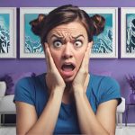 This image features a woman in a blue shirt, with her hands pressed against her cheeks, and her mouth wide open in an exaggerated expression of shock. She has brown hair styled into two buns on either side of her head, and her forehead is creased, emphasizing her expression. Behind her is a purple wall with four framed abstract paintings featuring swirling patterns in shades of blue, black and white. behind her, there is a white loveseat sofa with purple pillows and a small, modern black table with a purple vase holding lavender flowers to the right. The flooring is light-coloured, and the overall colour scheme of the room is coordinated with purples and blues.