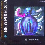 The image shows an urban scene in Times Square, New York, with several large digital billboards displaying advertisements. In the center, there is a vibrant and colourful digital art piece on a billboard, depicting a stylized perfume bottle with a figure inside it. The bottle is primarily in hues of purple and blue, with an ethereal quality emphasized by surrounding swirling clouds and vapour-like elements in white and pink. Below the central image, there is a call to action that says "find us on TikTok," suggesting the art is part of a promotional campaign. The scene is captured at dusk or evening, with the illuminated billboards standing out against the dimly lit surroundings. Other visible elements include a partially seen advertisement for food on the left, a blue billboard to the right with "adl.org" written on it, and the dark silhouette of a building with lit windows. An American flag is also present at the bottom right corner.