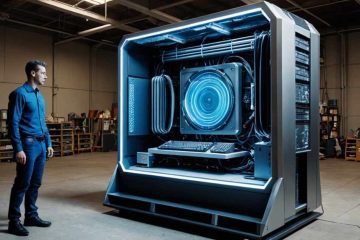 This image shows an adult male, standing to the left gazing at a large, open futuristic-looking device on the right. The device resembles a gigantic, high-tech computer or server with a vivid blue glow, and its side panel is open to reveal intricate electronic components, including cables, screens, and a prominent circular feature that could be a cooling system or part of the machinery. They are both indoors, in a large workshop with industrial shelving and various items in the background. The person is dressed in a dark blue shirt, jeans, and black shoes, suggesting a casual professional setting. The overall atmosphere of the image conveys a sense of innovation and technology.