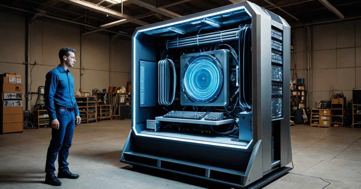 This image shows an adult male, standing to the left gazing at a large, open futuristic-looking device on the right. The device resembles a gigantic, high-tech computer or server with a vivid blue glow, and its side panel is open to reveal intricate electronic components, including cables, screens, and a prominent circular feature that could be a cooling system or part of the machinery. They are both indoors, in a large workshop with industrial shelving and various items in the background. The person is dressed in a dark blue shirt, jeans, and black shoes, suggesting a casual professional setting. The overall atmosphere of the image conveys a sense of innovation and technology.