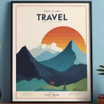 This is an image of a stylized travel poster displayed on a wall. The poster features layered mountain landscapes with varying shades of blue and green, and an orange and yellow sun setting or rising in the background. At the bottom, there's a small red structure that resembles a traditional Asian pagoda. The poster has a retro minimalist design aesthetic with the title "TRAVEL" at the top in large, bold lettering. The poster is framed and hung on a blue wall, flanked on the left by a tall, dark vase with dried reeds and on the right by a potted plant with broad green leaves resting on a stack of hardcover books. The colours and composition suggest a serene and inviting scene.