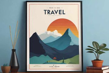This is an image of a stylized travel poster displayed on a wall. The poster features layered mountain landscapes with varying shades of blue and green, and an orange and yellow sun setting or rising in the background. At the bottom, there's a small red structure that resembles a traditional Asian pagoda. The poster has a retro minimalist design aesthetic with the title "TRAVEL" at the top in large, bold lettering. The poster is framed and hung on a blue wall, flanked on the left by a tall, dark vase with dried reeds and on the right by a potted plant with broad green leaves resting on a stack of hardcover books. The colours and composition suggest a serene and inviting scene.
