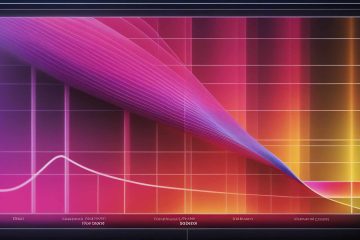 A vibrant and colourful graph with a futuristic design, featuring a gradient background transitioning from purple and pink on the left to orange and yellow on the right. The graph has a three-dimensional, wave-like structure made up of fine lines that fan out diagonally from the top left to the bottom right. It overlays a grid with horizontal and vertical lines, and there is a white curved line running horizontally across the lower part of the graph. Axes on the left and bottom display various labels and numerical values, though they are not clearly readable. The overall aesthetic is sleek and modern, resembling data visualizations often seen in tech and sci-fi contexts.