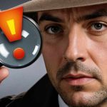 This image shows a close-up of a man with dark hair and slight beard, wearing a light brown fedora hat. He is holding a magnifying glass close to the camera, through which an exclamation mark symbol in bright orange with a yellow center is prominently displayed against a grey background. The man's facial expression is serious and focused, directing attention toward the symbol in the magnifying glass, suggesting importance or urgency. His gaze and the position of the magnifying glass suggest a moment of discovery or emphasis.
