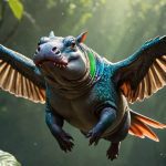 This image depicts a fantastical creature resembling a hippopotamus-hummingbird hybrid in mid-flight against a lush jungle background. The creature has a thick, greyish-blue body, adorned with vibrant teal and green scales like feathers around its neck and shoulders. Its wide, flat snout is turned slightly towards the viewer, revealing a friendly expression with small, piercing eyes. The wings are expansive, with light brown feathers stretching out on either side. The background is softly lit by what seems to be sunlight filtering through a dense canopy, illuminating patches of green foliage and casting a mystical glow.