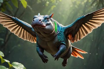 This image depicts a fantastical creature resembling a hippopotamus-hummingbird hybrid in mid-flight against a lush jungle background. The creature has a thick, greyish-blue body, adorned with vibrant teal and green scales like feathers around its neck and shoulders. Its wide, flat snout is turned slightly towards the viewer, revealing a friendly expression with small, piercing eyes. The wings are expansive, with light brown feathers stretching out on either side. The background is softly lit by what seems to be sunlight filtering through a dense canopy, illuminating patches of green foliage and casting a mystical glow.