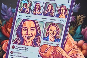 A stylized digital image depicts a hand holding a smartphone. The phone screen displays a social media app with several profile pictures of women, each in a cartoon-like art style. The backgrounds of the profiles are blurred or abstract, and each profile has a name and details beneath the image. The hand holding the phone is also in a cartoon like art style with lines that enhance the natural lines and details. The background surrounding the phone is filled with vibrant, colourful flowers and leaves, creating a contrast between the digital screen and the organic, floral backdrop.