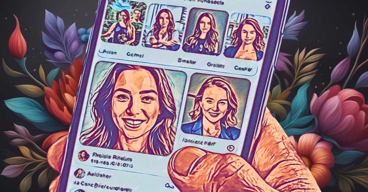 A stylized digital image depicts a hand holding a smartphone. The phone screen displays a social media app with several profile pictures of women, each in a cartoon-like art style. The backgrounds of the profiles are blurred or abstract, and each profile has a name and details beneath the image. The hand holding the phone is also in a cartoon like art style with lines that enhance the natural lines and details. The background surrounding the phone is filled with vibrant, colourful flowers and leaves, creating a contrast between the digital screen and the organic, floral backdrop.