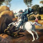 This image depicts a classical scene where a knight in shining armor, mounted on a white horse, defeats a dragon. The knight, dressed in elaborate steel armor, holds a lance poised to strike the dragon beneath him. The dragon, green with scales, lies partially on a rock with a visible wound from the knight’s weapon. The knight's cape flows dramatically behind him, adding to the intensity of the scene. In the background, a woman dressed in a red gown watches the scene from a safe distance, standing near the edge of a forest. The landscape features rocky terrains and lush greenery, with distant trees and undulating hills stretching into the background. This traditional depiction of the Saint George and the Dragon myth emphasizes themes of bravery and heroism in a serene, pastoral setting.