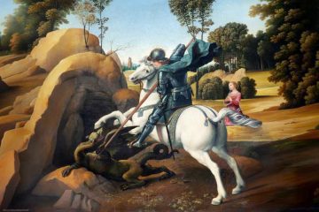 This image depicts a classical scene where a knight in shining armor, mounted on a white horse, defeats a dragon. The knight, dressed in elaborate steel armor, holds a lance poised to strike the dragon beneath him. The dragon, green with scales, lies partially on a rock with a visible wound from the knight’s weapon. The knight's cape flows dramatically behind him, adding to the intensity of the scene. In the background, a woman dressed in a red gown watches the scene from a safe distance, standing near the edge of a forest. The landscape features rocky terrains and lush greenery, with distant trees and undulating hills stretching into the background. This traditional depiction of the Saint George and the Dragon myth emphasizes themes of bravery and heroism in a serene, pastoral setting.