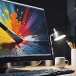 A modern desk setup features two computer monitors. The primary monitor shows a digital artwork of vibrant paint splashes in red, yellow, blue, and white, with a large paintbrush seemingly emerging from the screen. The secondary monitor displays an image of Earth viewed from space. The desk also holds a keyboard, mouse, desk lamp, white mug, pencil holders filled with pencils and paintbrushes, and a notebook. The background is dimly lit, focusing attention on the illuminated desk area.