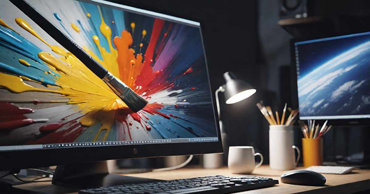 A modern desk setup features two computer monitors. The primary monitor shows a digital artwork of vibrant paint splashes in red, yellow, blue, and white, with a large paintbrush seemingly emerging from the screen. The secondary monitor displays an image of Earth viewed from space. The desk also holds a keyboard, mouse, desk lamp, white mug, pencil holders filled with pencils and paintbrushes, and a notebook. The background is dimly lit, focusing attention on the illuminated desk area.