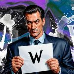 A stern-faced man in a dark suit and tie holds a sheet of paper with a large, black "W" on it. Behind him is an abstract, colourful background featuring splatters of white paint. There are two larger white splatters, each containing a "W" inside a circle, with one on the left and another on the right. The three W's combined stand foe www, a website reference, The colours in the background are predominantly black, purple, blue, and green, creating a striking and dynamic visual effect.
