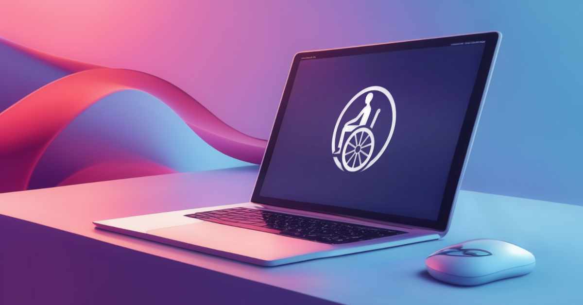 A laptop sits on a desk with its screen displaying a white accessibility icon of a person in a wheelchair. The scene is lit with soft, gradient lighting in shades of pink, purple, and blue. Beside the laptop, there is a white computer mouse with a similar lighting effect. In the background, smooth, curved shapes add to the modern and colourful aesthetic.
