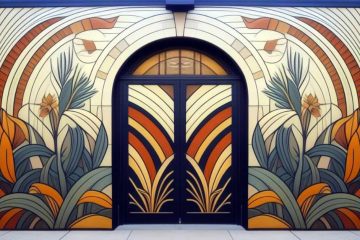 The image shows a large, intricately designed mural on a building's facade, surrounding a central set of double doors. The mural features an Art Deco style with bold, symmetrical patterns and stylized plant motifs. The color palette includes shades of orange, yellow, green, and blue. The double doors, framed in dark blue or black, have a matching geometric design with radiating lines in similar colors. The upper part of the mural features curved, sunburst-like patterns and additional floral elements.