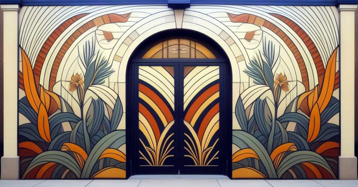 The image shows a large, intricately designed mural on a building's facade, surrounding a central set of double doors. The mural features an Art Deco style with bold, symmetrical patterns and stylized plant motifs. The color palette includes shades of orange, yellow, green, and blue. The double doors, framed in dark blue or black, have a matching geometric design with radiating lines in similar colors. The upper part of the mural features curved, sunburst-like patterns and additional floral elements.