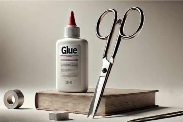 The image shows a set of office or craft supplies arranged on a neutral background. There is a white bottle of glue with a red nozzle, labeled "Glue" in bold black letters. Next to the glue bottle, there is a pair of shiny metal scissors with the handles facing up. A roll of adhesive tape, a thick book with a textured cover, a small white eraser, and a silver pen are also visible in the composition. The items are well-lit, casting soft shadows, and are arranged in a balanced, aesthetically pleasing manner.