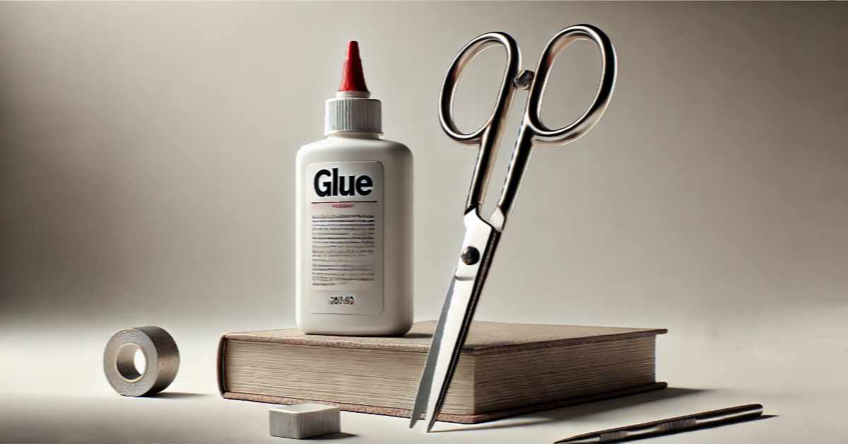 The image shows a set of office or craft supplies arranged on a neutral background. There is a white bottle of glue with a red nozzle, labeled "Glue" in bold black letters. Next to the glue bottle, there is a pair of shiny metal scissors with the handles facing up. A roll of adhesive tape, a thick book with a textured cover, a small white eraser, and a silver pen are also visible in the composition. The items are well-lit, casting soft shadows, and are arranged in a balanced, aesthetically pleasing manner.