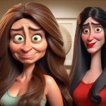 This image features two women in an art gallery. The woman on the left has long, wavy brown hair, green eyes, and a mildly uncomfortable expression. She is wearing a light green tank top. The woman on the right has long, straight black hair, large brown eyes, and is smiling confidently with bright red lipstick. She is dressed in a red long-sleeved shirt. The background includes framed sculptures and artwork on the walls. The image emphasizes exaggerated facial expressions characteristic of animated characters.