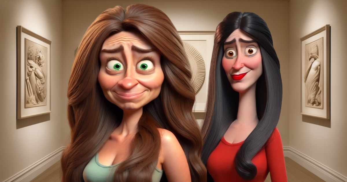 This image features two women in an art gallery. The woman on the left has long, wavy brown hair, green eyes, and a mildly uncomfortable expression. She is wearing a light green tank top. The woman on the right has long, straight black hair, large brown eyes, and is smiling confidently with bright red lipstick. She is dressed in a red long-sleeved shirt. The background includes framed sculptures and artwork on the walls. The image emphasizes exaggerated facial expressions characteristic of animated characters.
