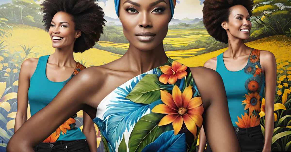 The image features three Black women standing in front of a painted vibrant, rural landscape mural with yellow fields and green hills. The woman in the center is wearing a one-shoulder top adorned with large, colorful flowers and leaves, and a matching headscarf. She gazes directly at the camera with a confident expression. On either side of her, the other two women wear teal tank tops with floral designs. Both are smiling and looking slightly off to the side, adding a cheerful and lively atmosphere to the scene. The background features lush, rolling countryside and bright, yellow-flowered fields.