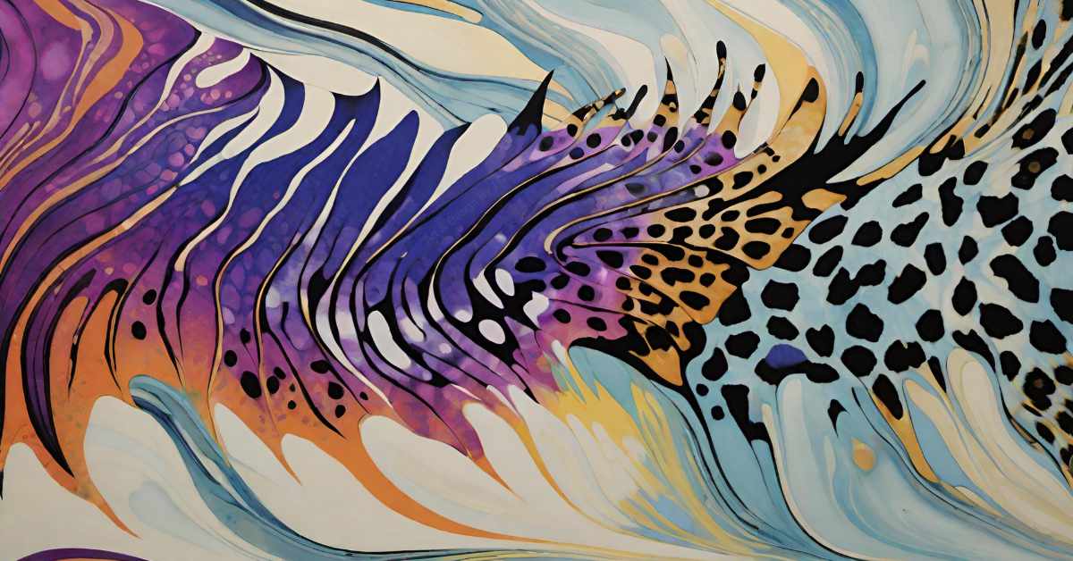 The image is an abstract artwork featuring a dynamic blend of animal prints and fluid patterns. It showcases bold zebra stripes in black, purple, and blue, seamlessly merging into leopard spots in shades of orange, purple, and teal. The background is filled with swirling lines and organic shapes in blue, cream, and orange tones, creating a sense of movement and energy. The overall effect is vibrant and visually striking, combining elements of nature-inspired prints with fluid, painting techniques..