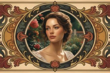 A detailed illustration features a young woman with wavy brown hair, gazing to her left. She is surrounded by a lush garden with blooming roses and green foliage. The portrait is encircled by an ornate, symmetrical border with intricate, stylized floral and leaf patterns in earthy tones of red, green, and gold. The background has a muted beige hue, enhancing the vintage, Art Nouveau style of the artwork.