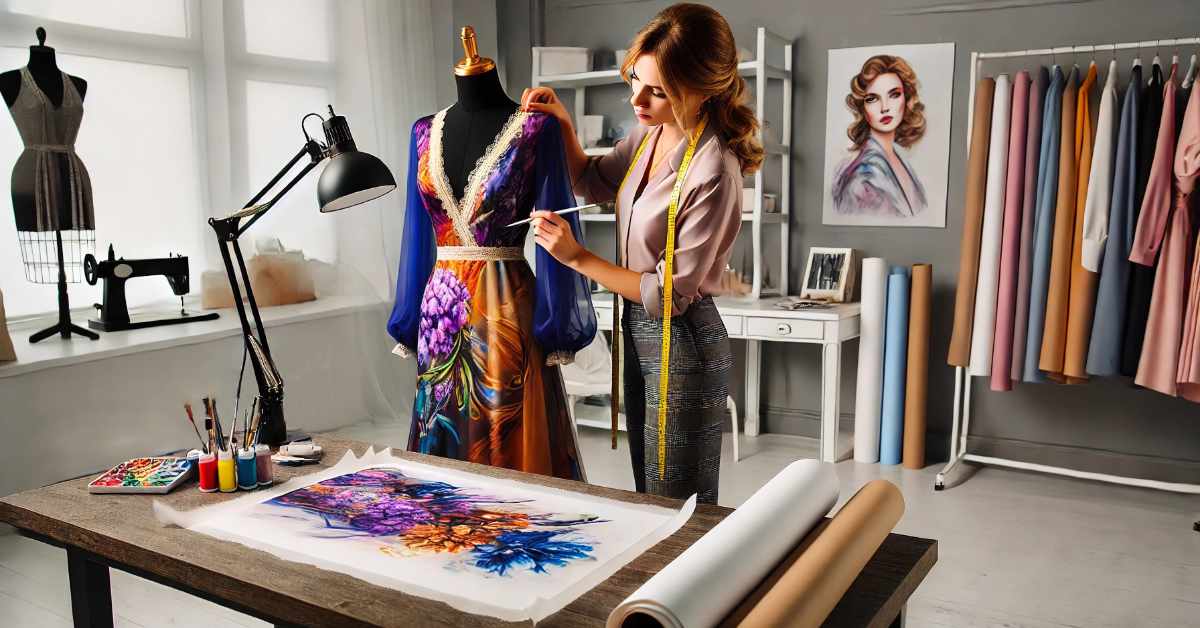 A fashion designer is working in a well-organized studio. She is adjusting a vibrant, colorful dress on a mannequin. The dress features a bold floral pattern with shades of purple, orange, and blue, and has sheer, long blue sleeves with lace trim. The designer holds a paintbrush in one hand and wears a measuring tape around her neck. In the background, there is a rack of neatly arranged clothes, a white desk with fabric rolls, and a portrait of a woman on the wall. A table in the foreground displays a paint palette, brushes, and a fabric swatch with a similar floral design. The room is brightly lit by large windows.