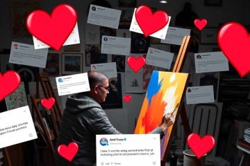 A person wearing a gray hoodie and glasses is painting on a large canvas in a dimly lit art studio filled with framed artworks on the walls and stacks of books and canvases. The painting features bold, abstract brush strokes in blue, orange, and white. Surrounding the artist are numerous floating social media posts with blue checkmarks, indicating verified users. The posts have random text, giving the impression of engagement or commentary. Large red heart icons are scattered throughout the image, symbolizing likes or appreciation. The overall composition suggests a theme of the impact social media on has on artists.