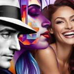 The image shows three distinct faces: a black-and-white portrait of a man in a suit and fedora, a stylized profile of a woman with vibrant geometric shapes and colors, and a realistic, smiling woman with voluminous, wavy red hair. The man, on the left, has sharp, classic features reminiscent of 1940s film noir, while the middle woman's face blends shades of purple, red, and blue with abstract shapes. The woman on the right has a joyful expression, and her smooth skin and bright smile contrast with the other two artistic styles. The background features abstract, digital-like patterns.