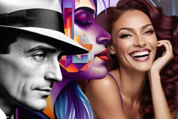 The image shows three distinct faces: a black-and-white portrait of a man in a suit and fedora, a stylized profile of a woman with vibrant geometric shapes and colors, and a realistic, smiling woman with voluminous, wavy red hair. The man, on the left, has sharp, classic features reminiscent of 1940s film noir, while the middle woman's face blends shades of purple, red, and blue with abstract shapes. The woman on the right has a joyful expression, and her smooth skin and bright smile contrast with the other two artistic styles. The background features abstract, digital-like patterns.