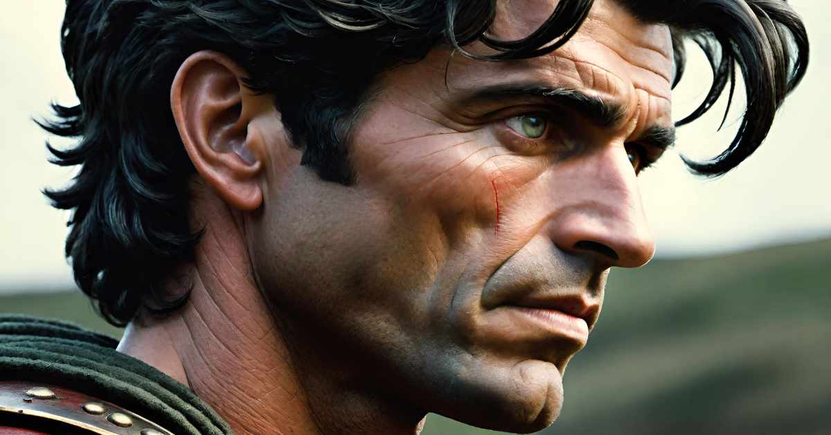 The image shows a close-up of a rugged man with dark, wavy hair, intense green eyes, and a serious expression. He has a prominent scar running down his left cheek. The lighting highlights the sharp lines of his face, emphasizing his weathered, battle-hardened appearance. He wears armor with metal studs on the shoulder, suggesting a warrior or soldier, while the blurred background features a muted outdoor landscape, possibly a field or hillside.