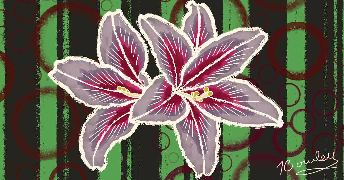 The image is a stylized digital illustration of two large, overlapping flowers with pointed petals. The petals are predominantly purple with deep magenta accents, outlined in white, and feature thin, white veins. The flowers have yellow stamens at their centers. The background consists of vertical green and black stripes, overlaid with transparent, dark red circular patterns of varying sizes. A signature in white is located at the bottom right corner of the image.