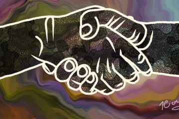 The image features two hands shaking, outlined in white with simple, sketch-like lines. The texture within the hands consists of a mosaic-like pattern, with small, pebble-like shapes in varying shades of black and gray. The background is a swirling blend of earthy and muted colors, including greens, purples, and browns, creating a fluid, abstract effect. The name "T. Cowley" is signed in white script in the bottom right corner. The overall composition gives a sense of unity and connection against a dynamic, colorful backdrop.