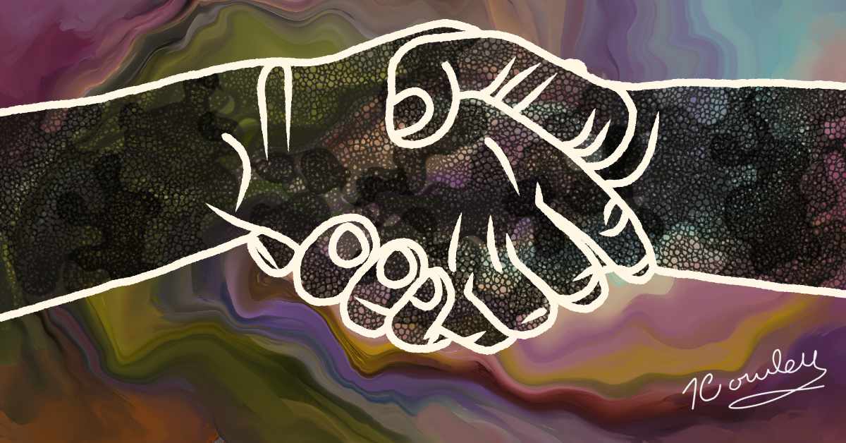 The image features two hands shaking, outlined in white with simple, sketch-like lines. The texture within the hands consists of a mosaic-like pattern, with small, pebble-like shapes in varying shades of black and gray. The background is a swirling blend of earthy and muted colors, including greens, purples, and browns, creating a fluid, abstract effect. The name "T. Cowley" is signed in white script in the bottom right corner. The overall composition gives a sense of unity and connection against a dynamic, colorful backdrop.