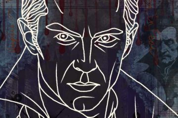 The image showcases a stylized, minimalist line drawing of a vampire's face in white against a dark, textured background. The vampire has slicked-back hair, angular features, and a stern expression, with a high-collared cloak framing his face. The background is a mix of muted blues and purples, with faint text, shadowy figures, and red streaks that resemble dripping blood. On the right side, a faint, ghostly portrait of another vampire-like figure emerges from the backdrop, adding to the eerie, gothic atmosphere. The word "vampire" is subtly written in orange script on the left side.
